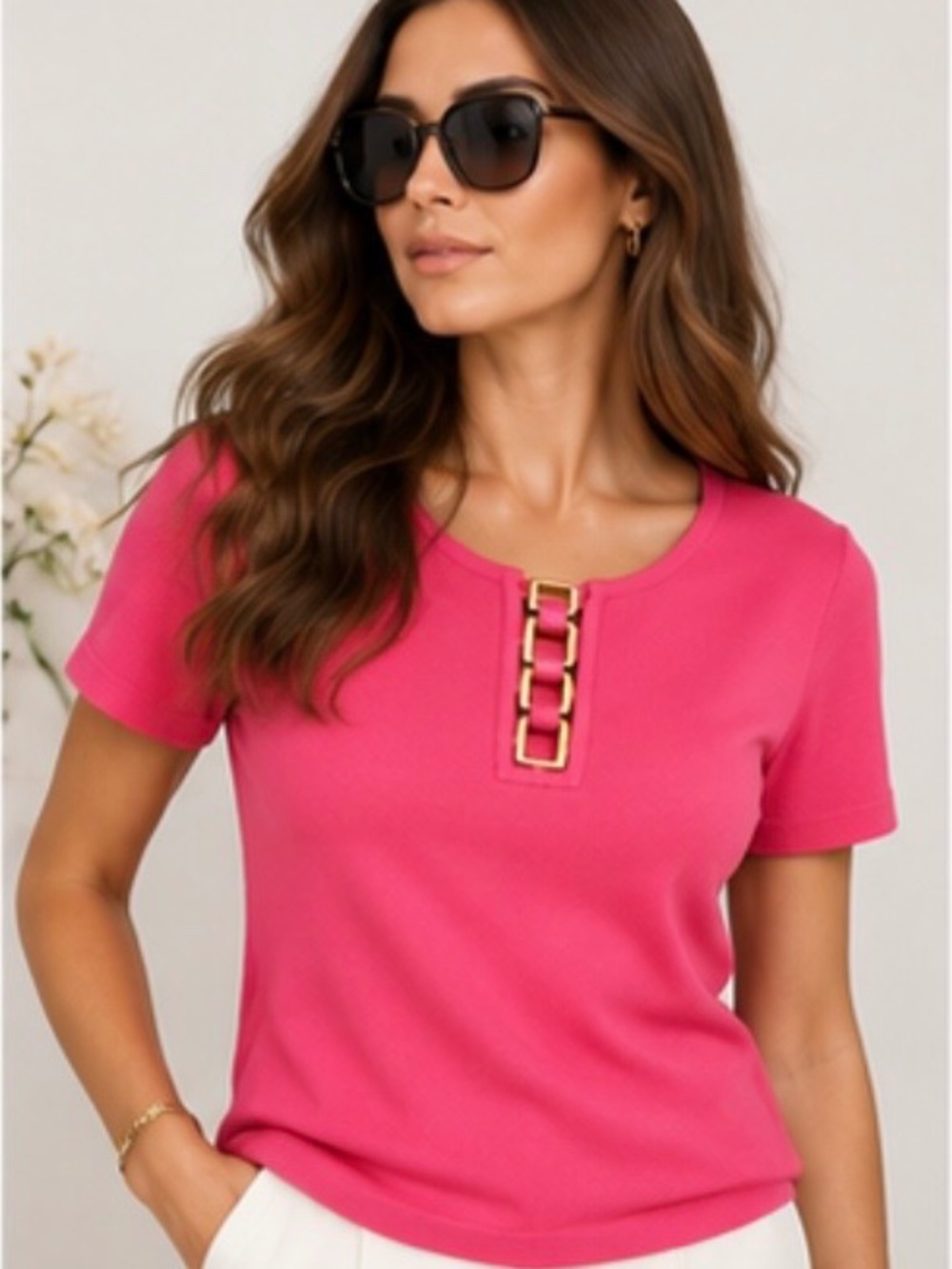 Cable & Gauge Pink Knit Top Gold Hardware Short Sleeve Women’s L